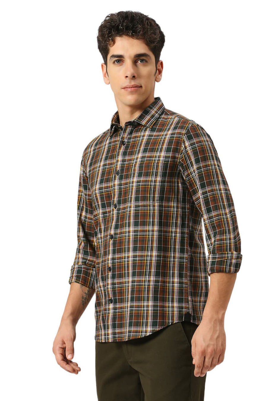 BASICS SLIM FIT PINECONE BROWN COTTON TWILL CHECKS SHIRT