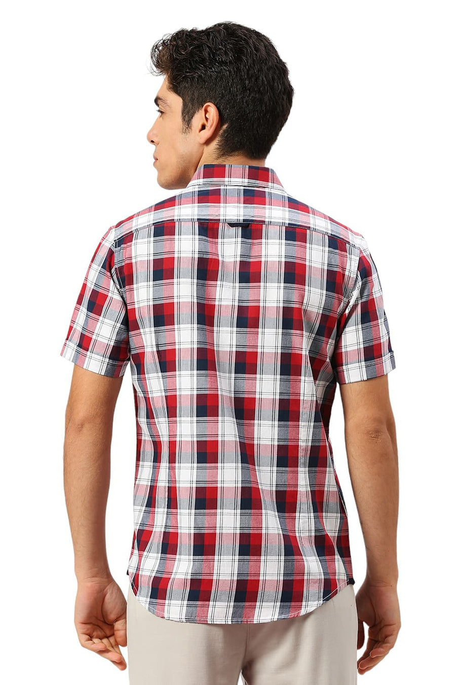 BASICS SLIM FIT MERLOT RED COTTON TWILL CHECKS HALFSLEEVES SHIRT