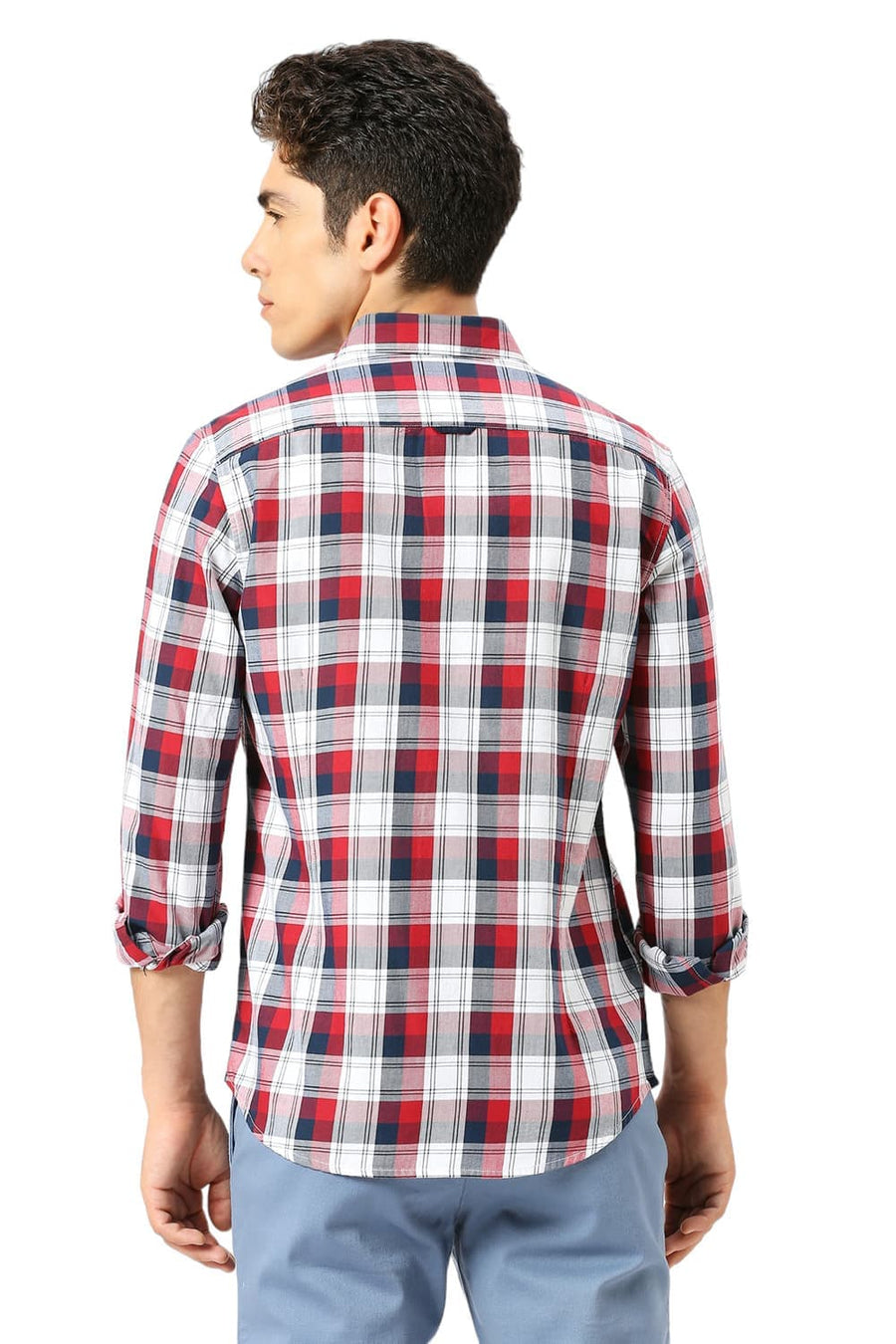 BASICS SLIM FIT MERLOT RED COTTON TWILL CHECKS SHIRT