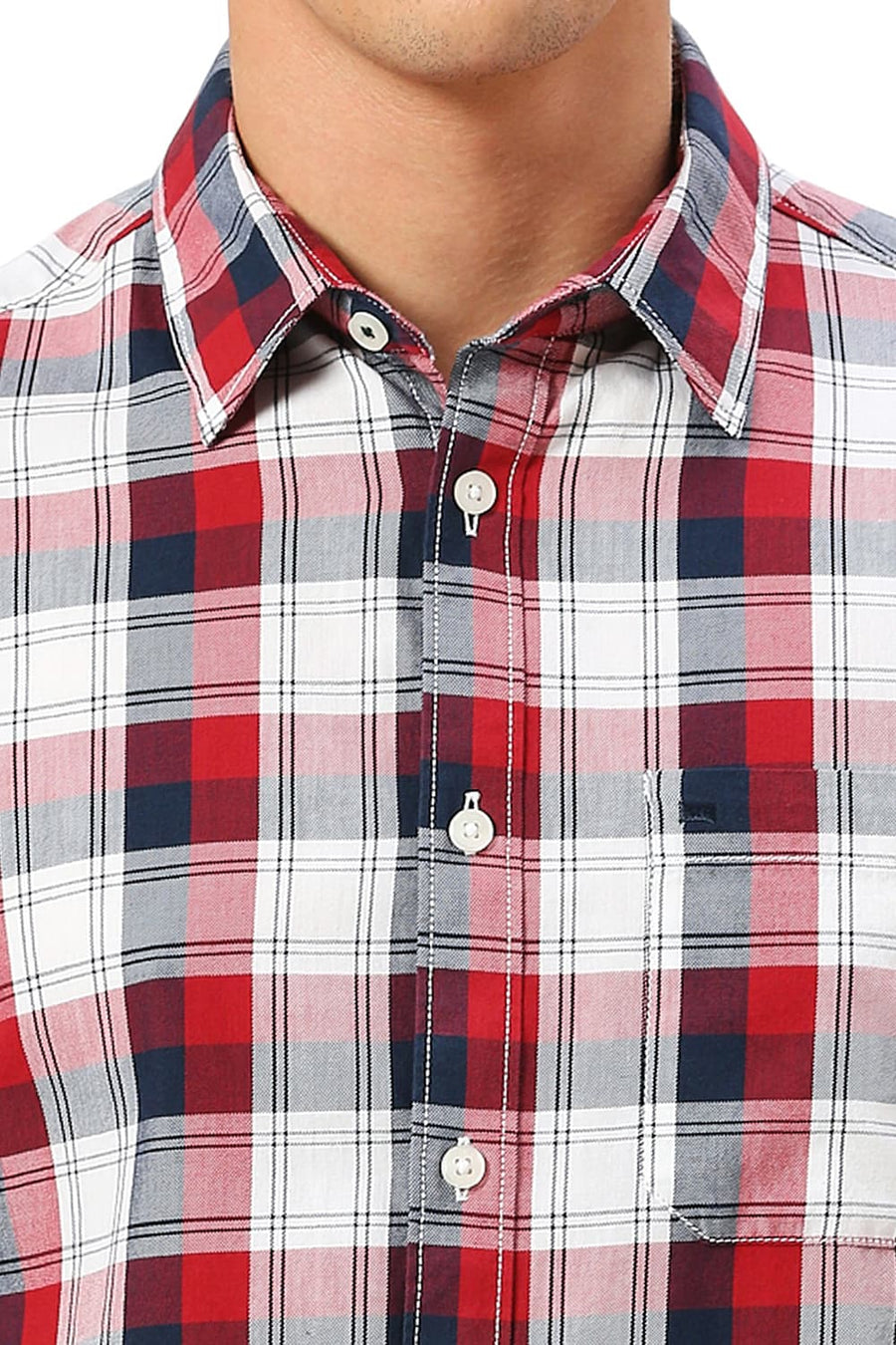 BASICS SLIM FIT MERLOT RED COTTON TWILL CHECKS HALFSLEEVES SHIRT