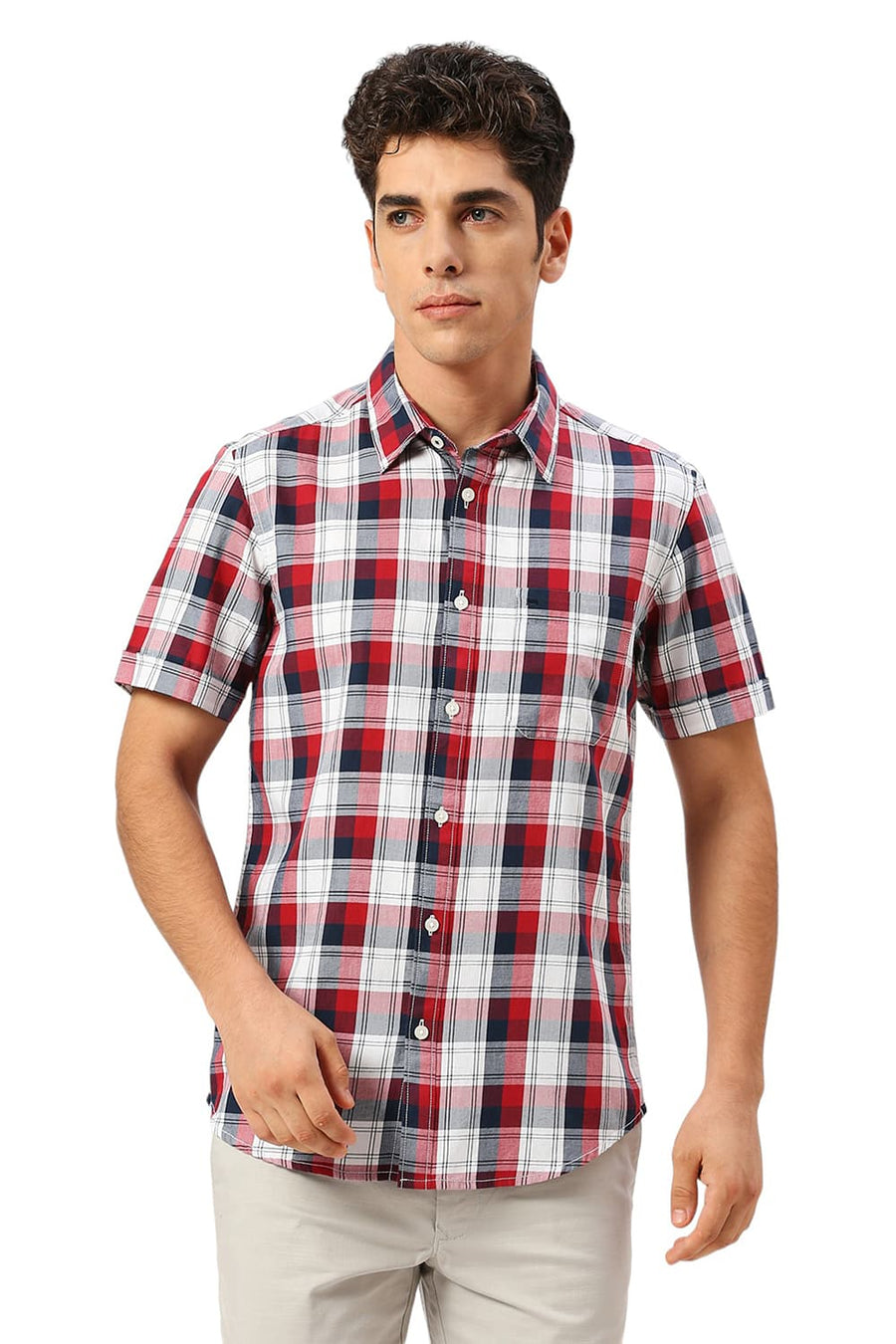 BASICS SLIM FIT MERLOT RED COTTON TWILL CHECKS HALFSLEEVES SHIRT