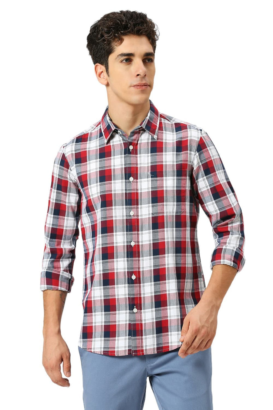 BASICS SLIM FIT MERLOT RED COTTON TWILL CHECKS SHIRT