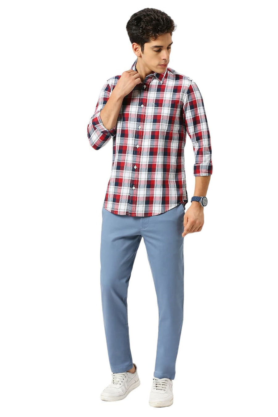BASICS SLIM FIT MERLOT RED COTTON TWILL CHECKS SHIRT