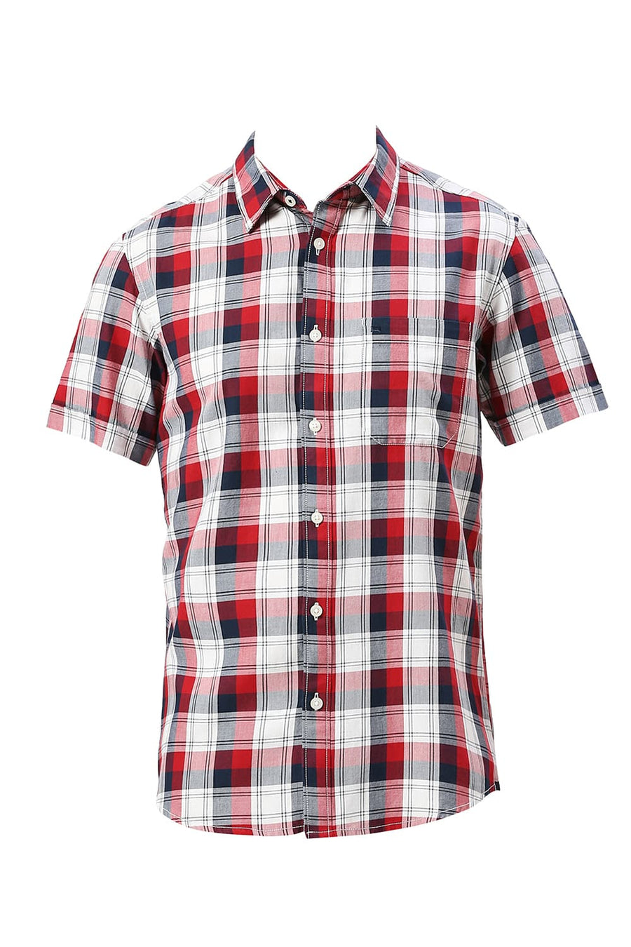 BASICS SLIM FIT MERLOT RED COTTON TWILL CHECKS HALFSLEEVES SHIRT