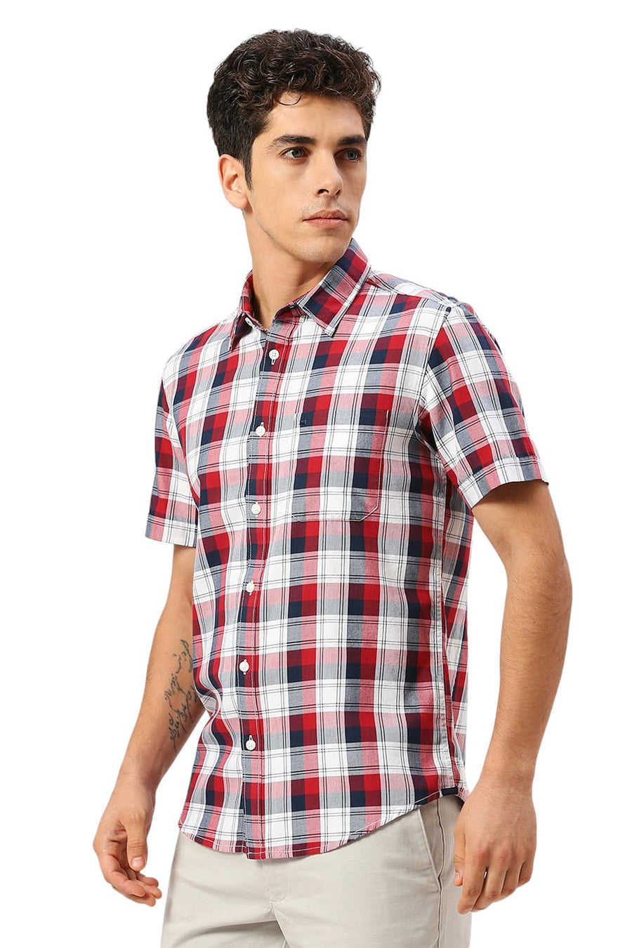 BASICS SLIM FIT MERLOT RED COTTON TWILL CHECKS HALFSLEEVES SHIRT