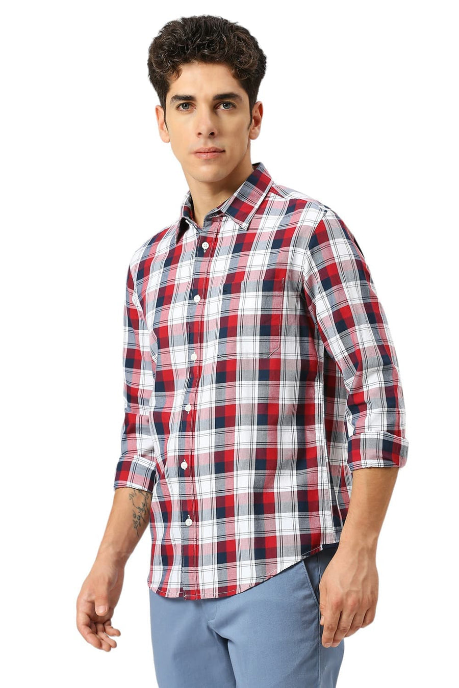 BASICS SLIM FIT MERLOT RED COTTON TWILL CHECKS SHIRT