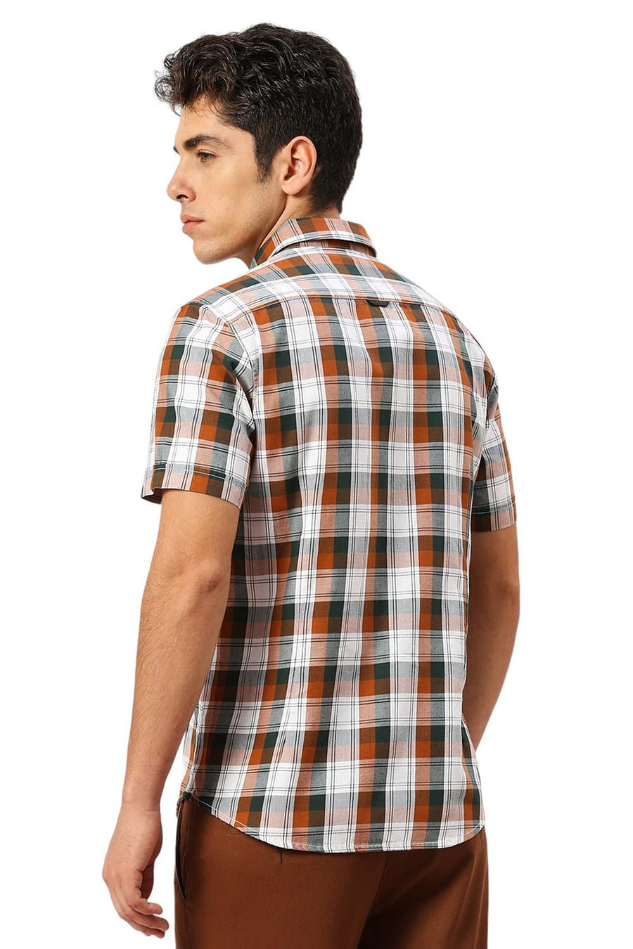 BASICS SLIM FIT GINGER BROWN COTTON TWILL CHECKS HALFSLEEVES SHIRT