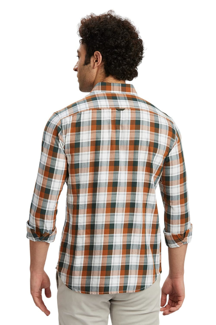 BASICS SLIM FIT GINGER BROWN COTTON TWILL CHECKS SHIRT