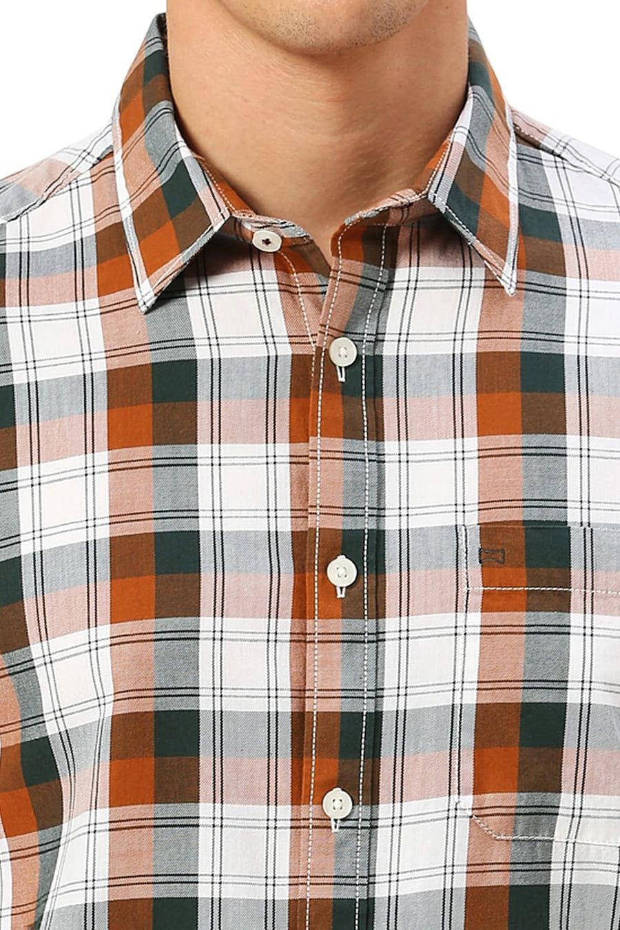 BASICS SLIM FIT GINGER BROWN COTTON TWILL CHECKS HALFSLEEVES SHIRT