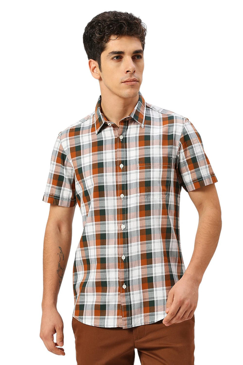 SLIM FIT COTTON TWILL CHECKS HALFSLEEVES SHIRT