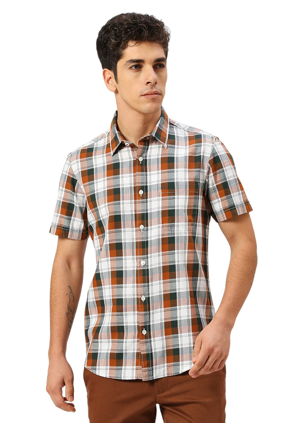 BASICS SLIM FIT GINGER BROWN COTTON TWILL CHECKS HALFSLEEVES SHIRT