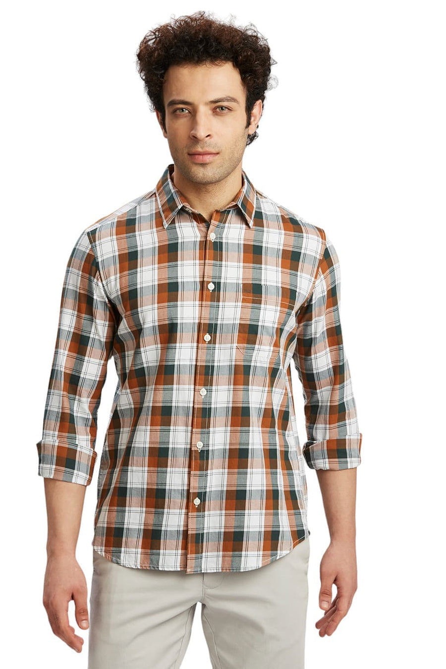 BASICS SLIM FIT GINGER BROWN COTTON TWILL CHECKS SHIRT