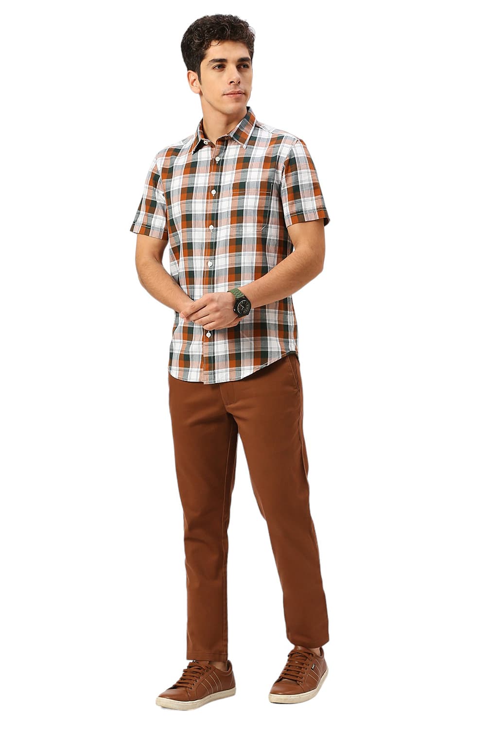 SLIM FIT COTTON TWILL CHECKS HALFSLEEVES SHIRT