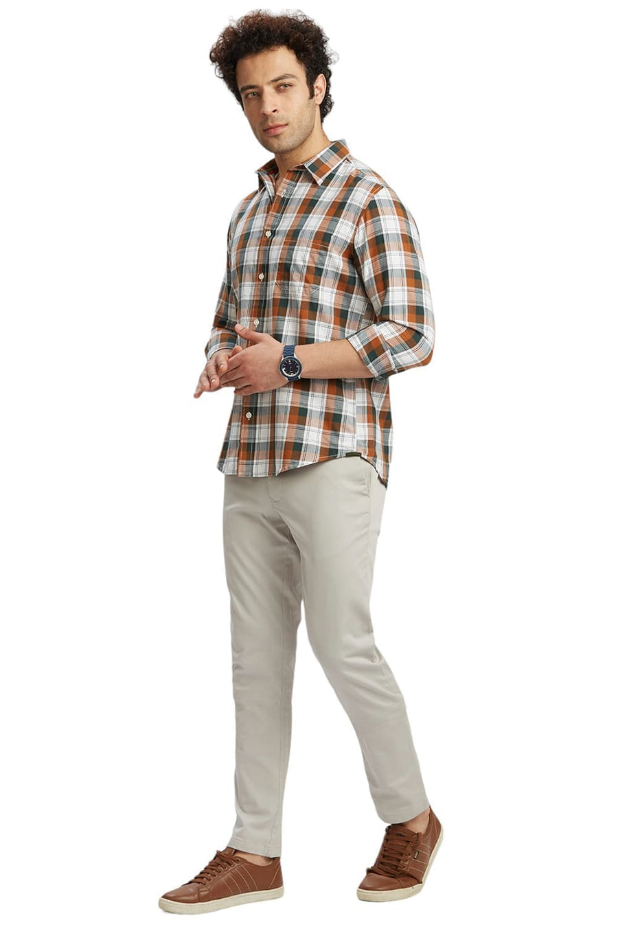 BASICS SLIM FIT GINGER BROWN COTTON TWILL CHECKS SHIRT