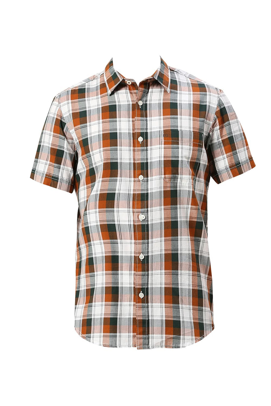 BASICS SLIM FIT GINGER BROWN COTTON TWILL CHECKS HALFSLEEVES SHIRT
