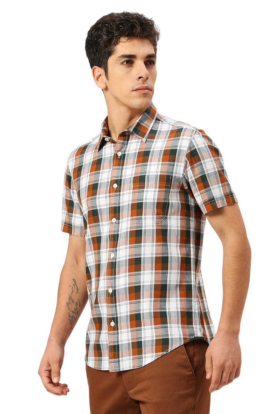 BASICS SLIM FIT GINGER BROWN COTTON TWILL CHECKS HALFSLEEVES SHIRT