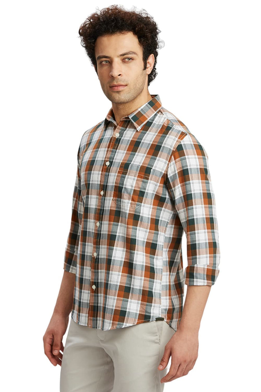 BASICS SLIM FIT GINGER BROWN COTTON TWILL CHECKS SHIRT