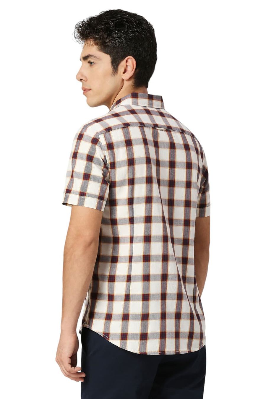 BASICS SLIM FIT BIRCH BEIGE COTTON TWILL CHECKS HALFSLEEVES SHIRT