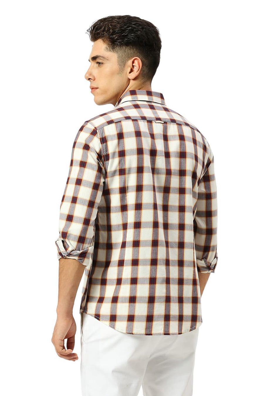 BASICS SLIM FIT BIRCH BEIGE COTTON TWILL CHECKS SHIRT
