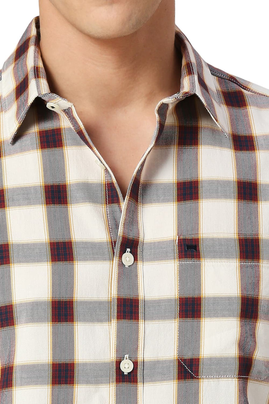 BASICS SLIM FIT BIRCH BEIGE COTTON TWILL CHECKS HALFSLEEVES SHIRT