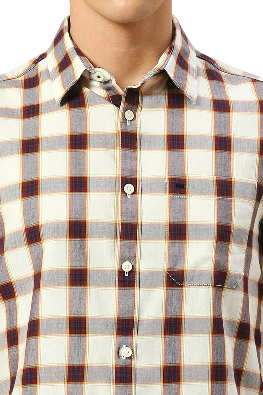 BASICS SLIM FIT BIRCH BEIGE COTTON TWILL CHECKS SHIRT