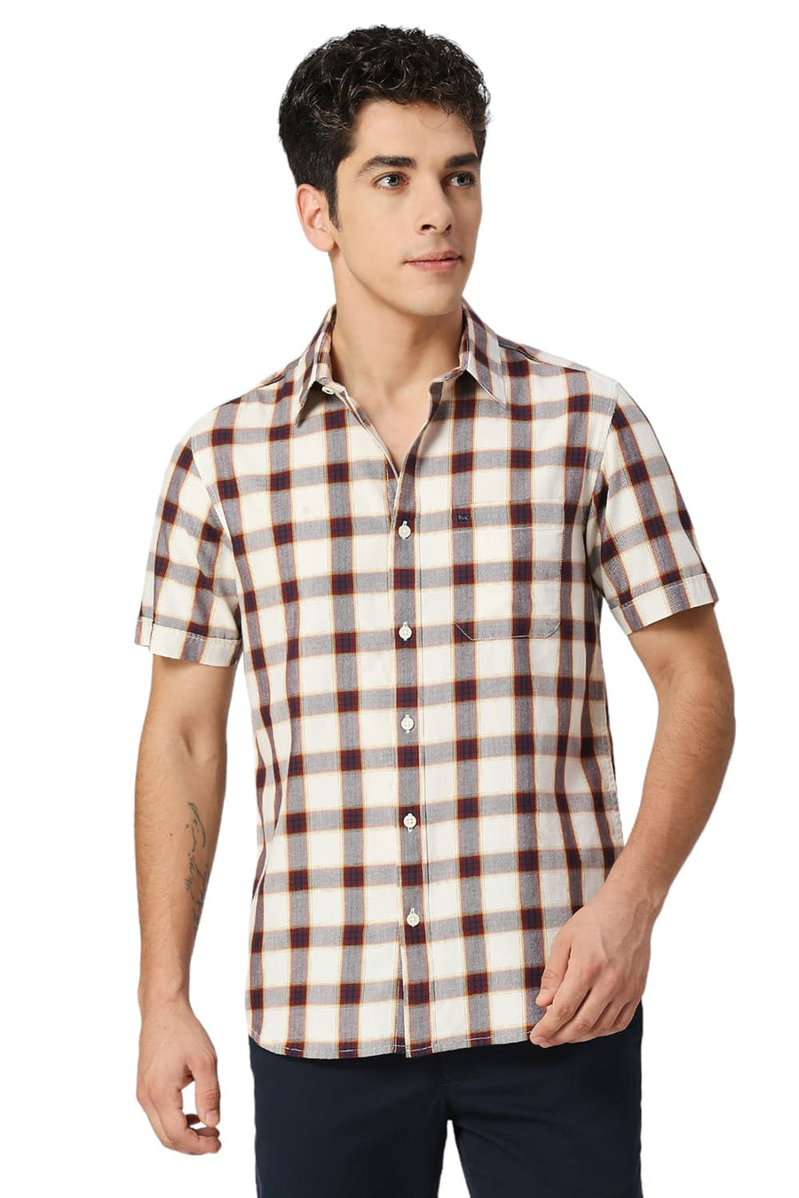 BASICS SLIM FIT BIRCH BEIGE COTTON TWILL CHECKS HALFSLEEVES SHIRT