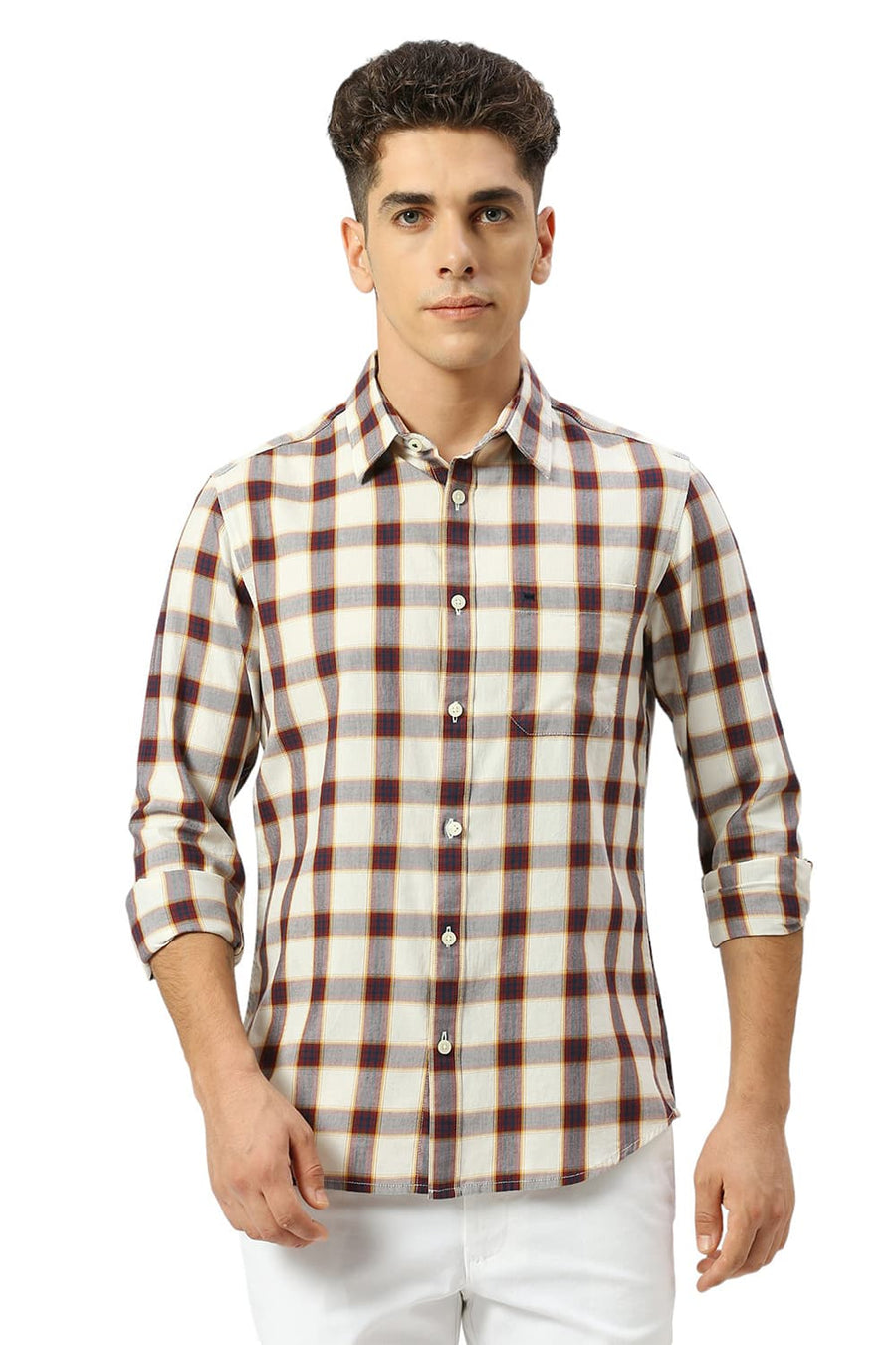 BASICS SLIM FIT BIRCH BEIGE COTTON TWILL CHECKS SHIRT