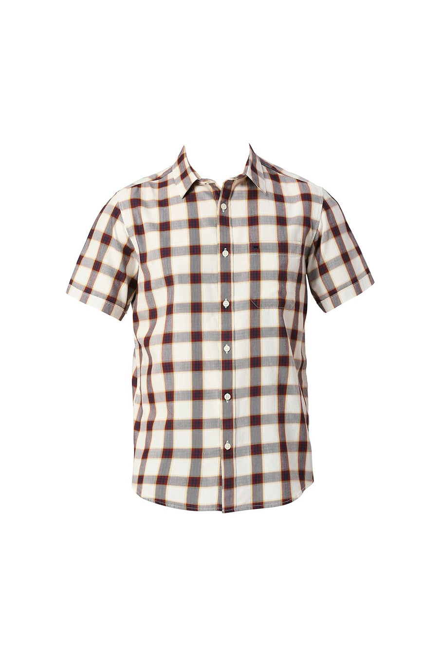 BASICS SLIM FIT BIRCH BEIGE COTTON TWILL CHECKS HALFSLEEVES SHIRT