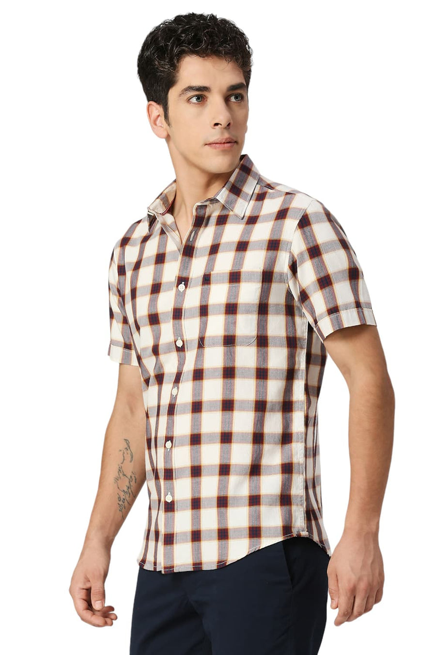 BASICS SLIM FIT BIRCH BEIGE COTTON TWILL CHECKS HALFSLEEVES SHIRT