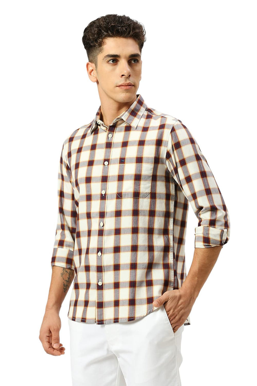 BASICS SLIM FIT BIRCH BEIGE COTTON TWILL CHECKS SHIRT