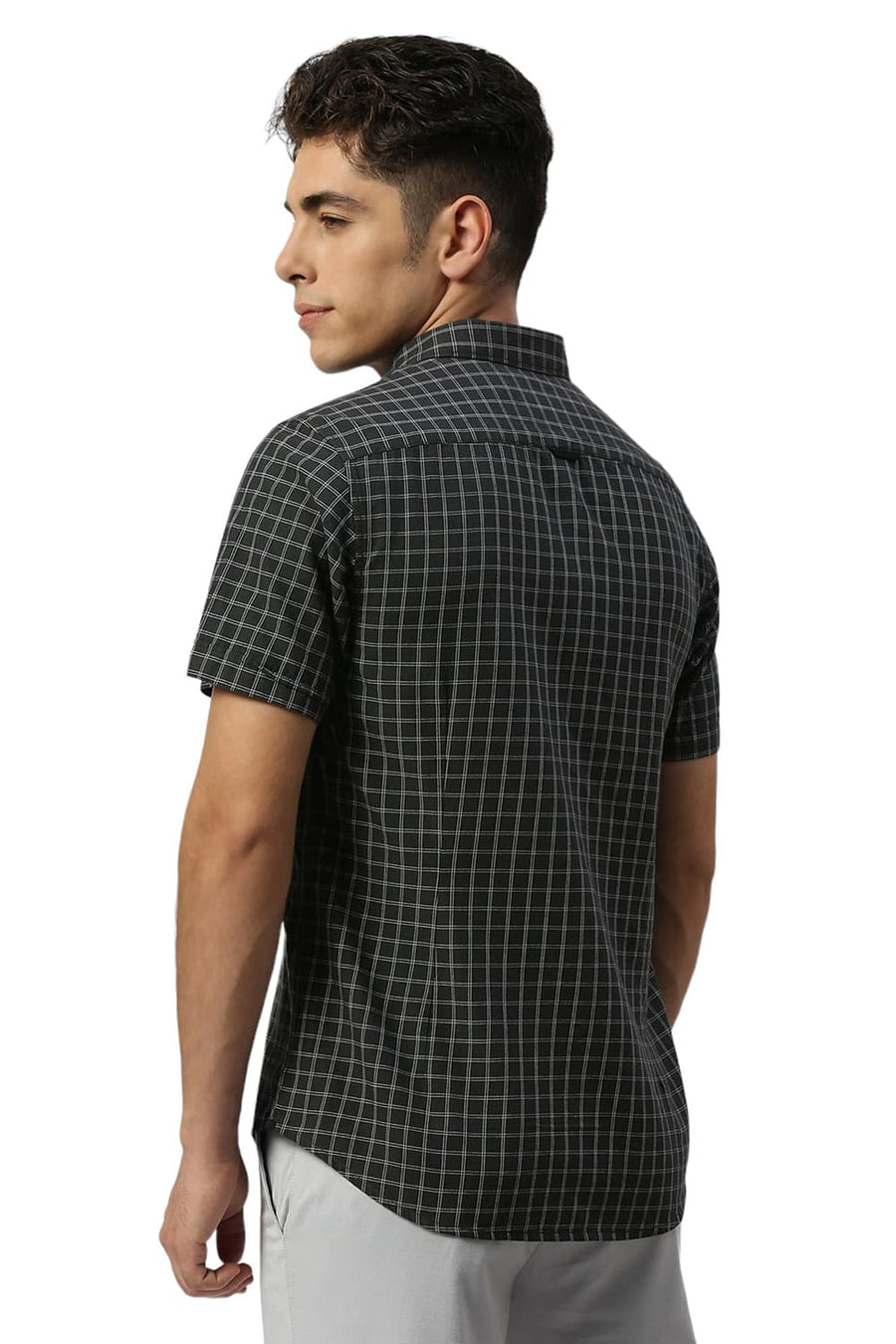 BASICS SLIM FIT IRON GREY COTTON TWILL CHECKS HALFSLEEVES SHIRT