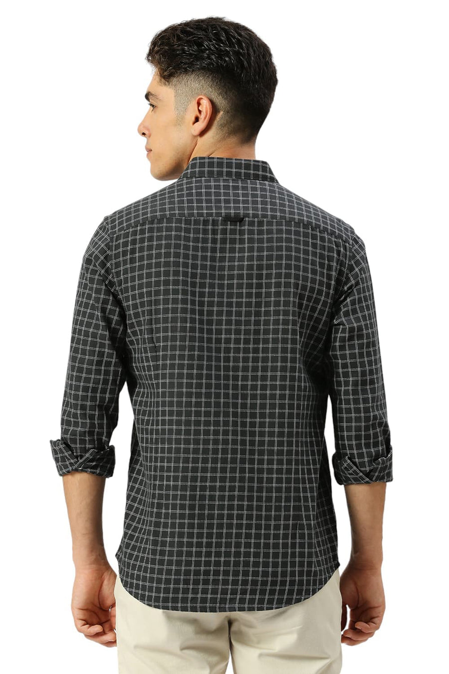 BASICS SLIM FIT IRON GREY COTTON TWILL CHECKS SHIRT