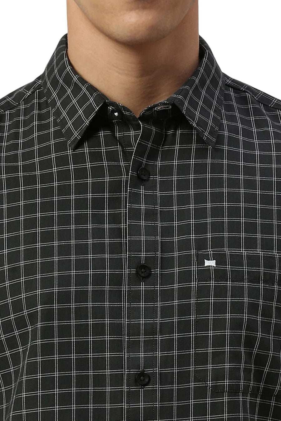 BASICS SLIM FIT IRON GREY COTTON TWILL CHECKS HALFSLEEVES SHIRT