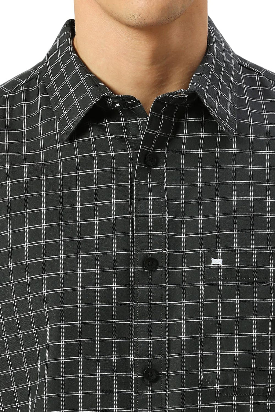 BASICS SLIM FIT IRON GREY COTTON TWILL CHECKS SHIRT