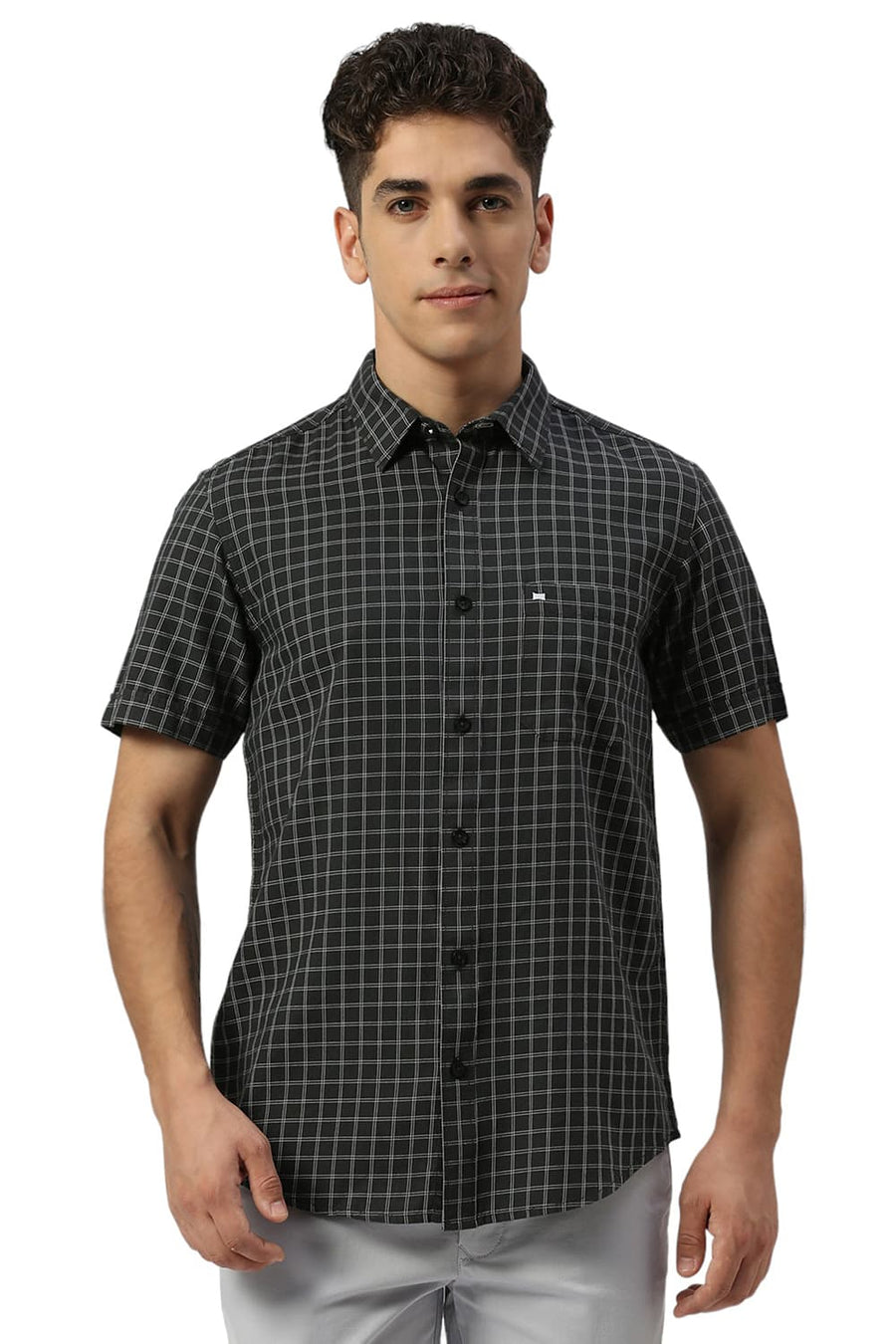 BASICS SLIM FIT IRON GREY COTTON TWILL CHECKS HALFSLEEVES SHIRT