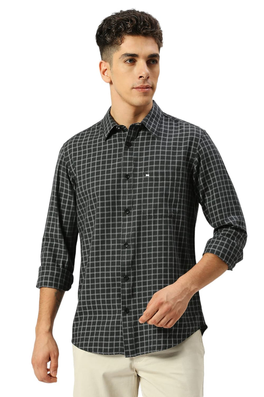 BASICS SLIM FIT IRON GREY COTTON TWILL CHECKS SHIRT