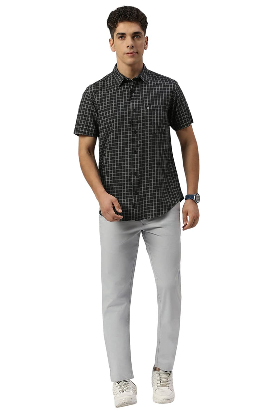 BASICS SLIM FIT IRON GREY COTTON TWILL CHECKS HALFSLEEVES SHIRT