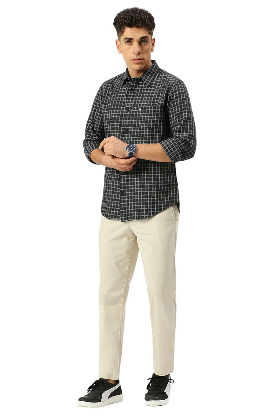 BASICS SLIM FIT IRON GREY COTTON TWILL CHECKS SHIRT