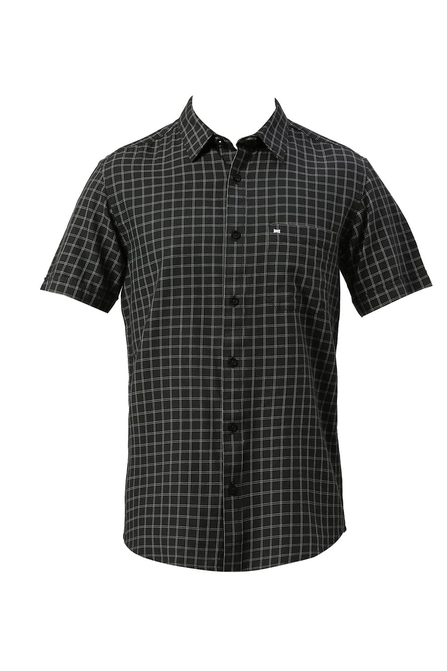 BASICS SLIM FIT IRON GREY COTTON TWILL CHECKS HALFSLEEVES SHIRT