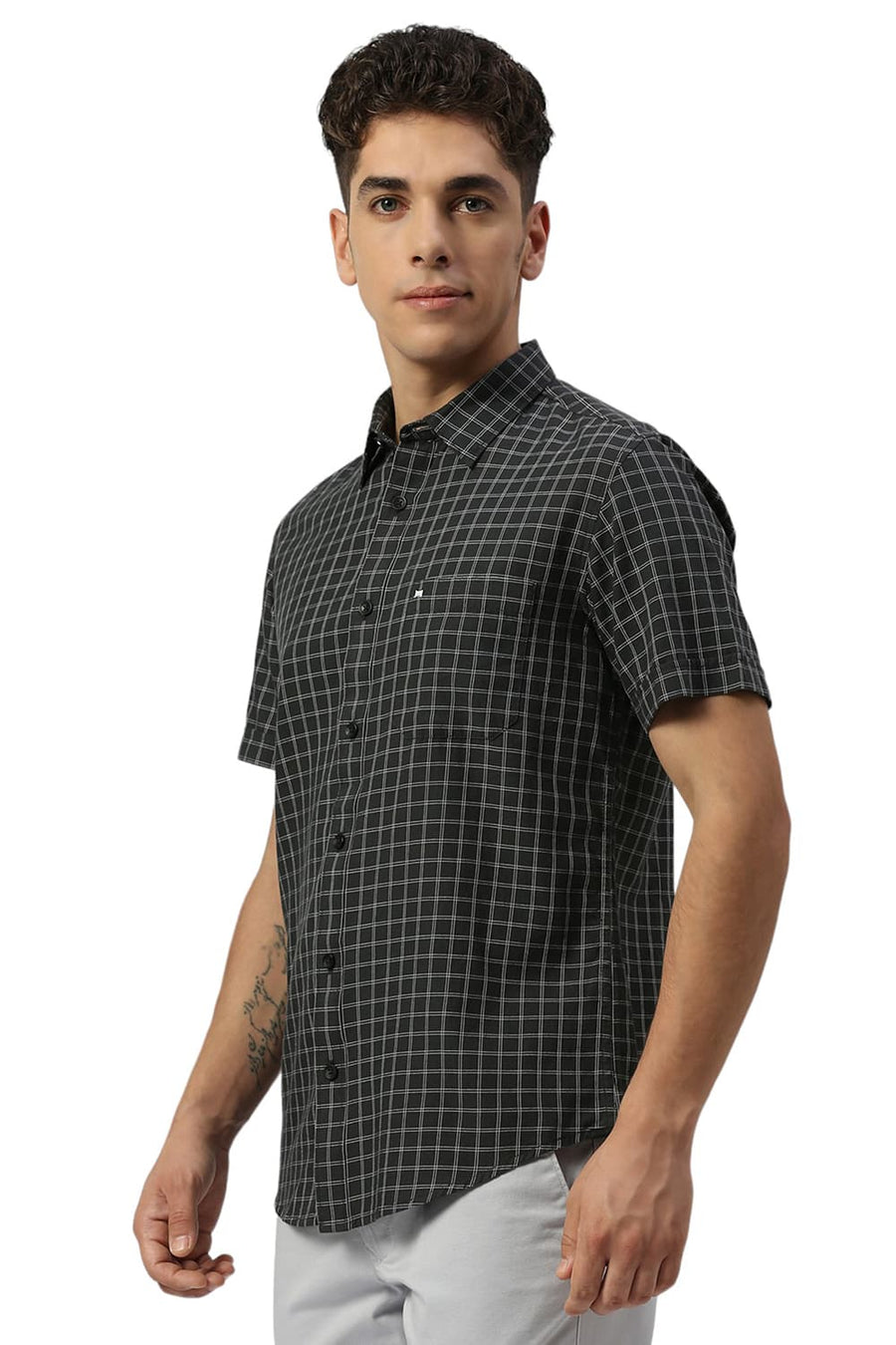 BASICS SLIM FIT IRON GREY COTTON TWILL CHECKS HALFSLEEVES SHIRT