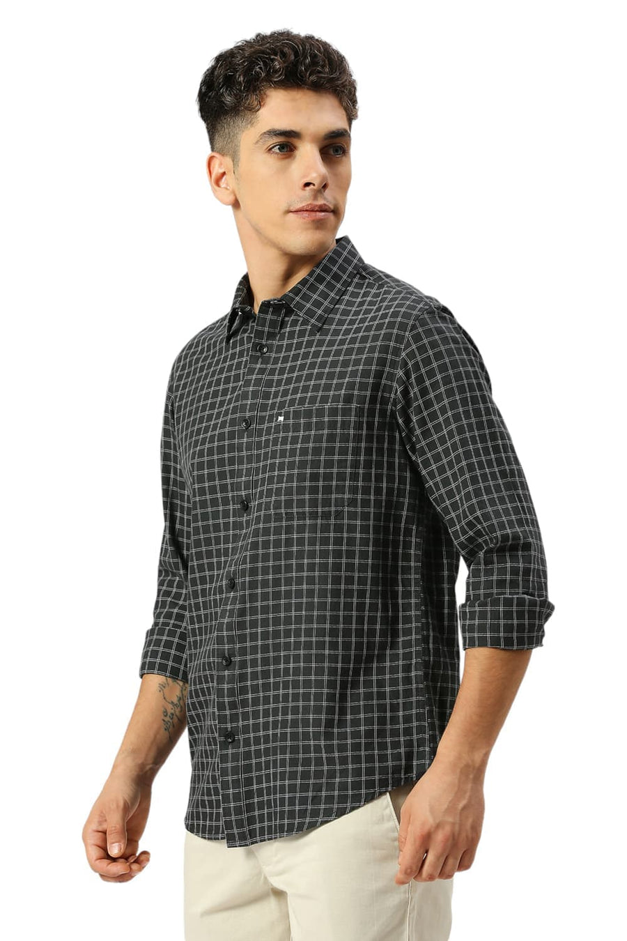 BASICS SLIM FIT IRON GREY COTTON TWILL CHECKS SHIRT