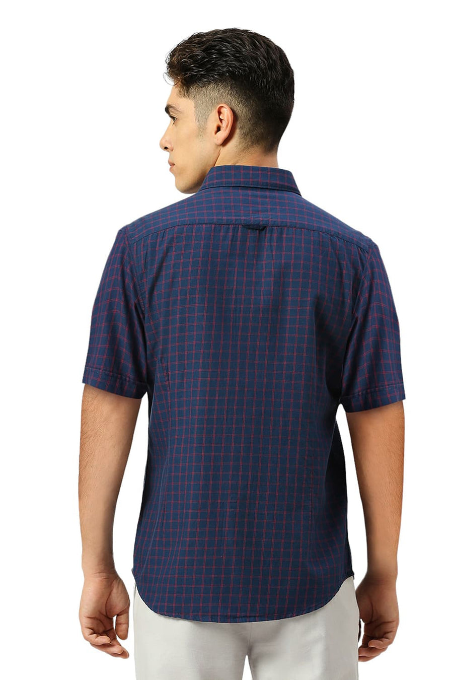 BASICS SLIM FIT IMPERIAL NAVY COTTON TWILL CHECKS HALFSLEEVES SHIRT