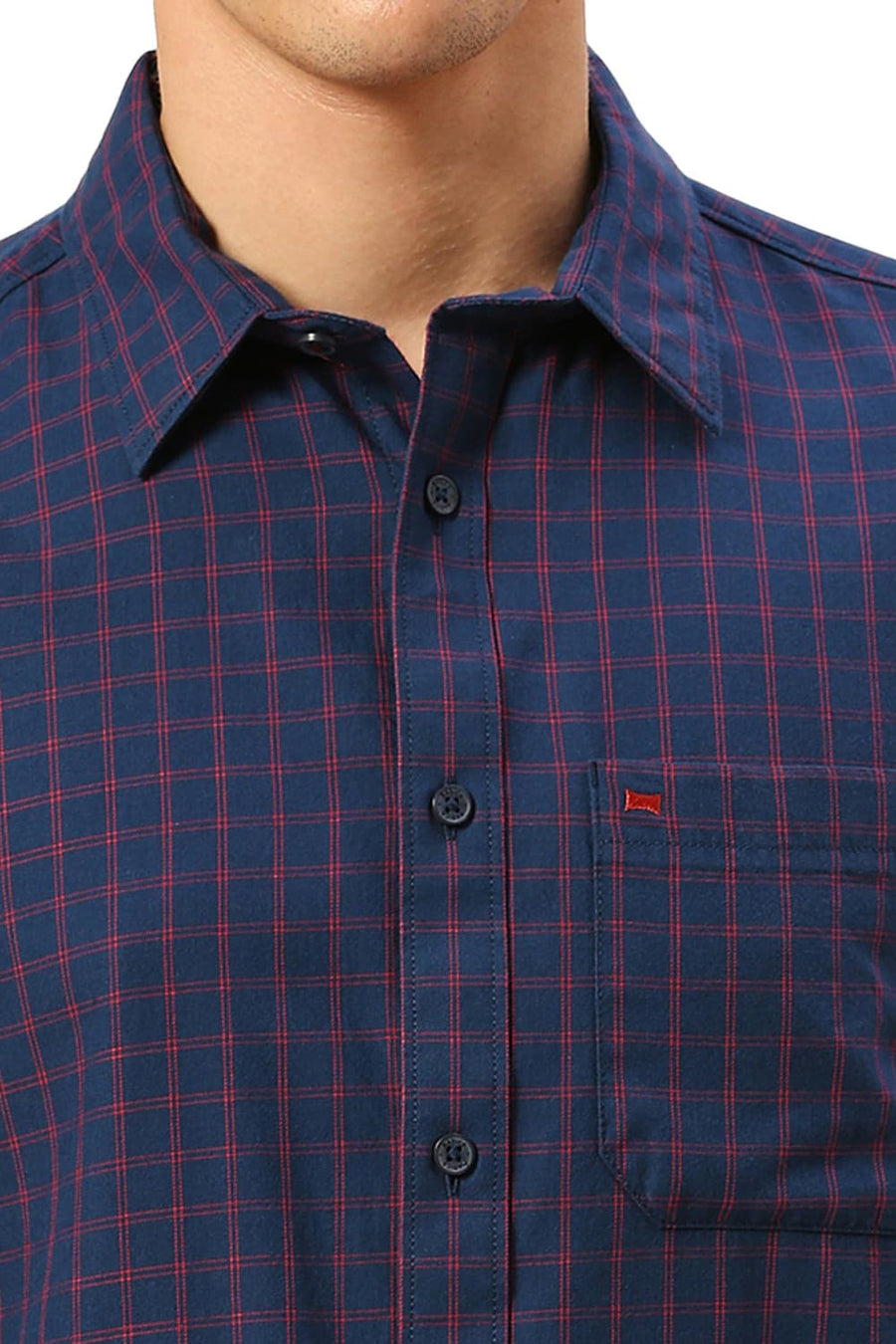 BASICS SLIM FIT IMPERIAL NAVY COTTON TWILL CHECKS HALFSLEEVES SHIRT