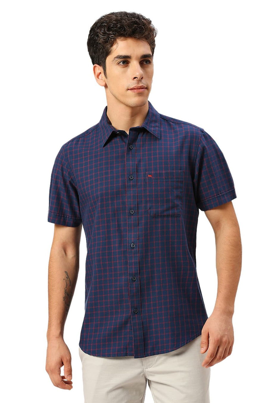 BASICS SLIM FIT IMPERIAL NAVY COTTON TWILL CHECKS HALFSLEEVES SHIRT