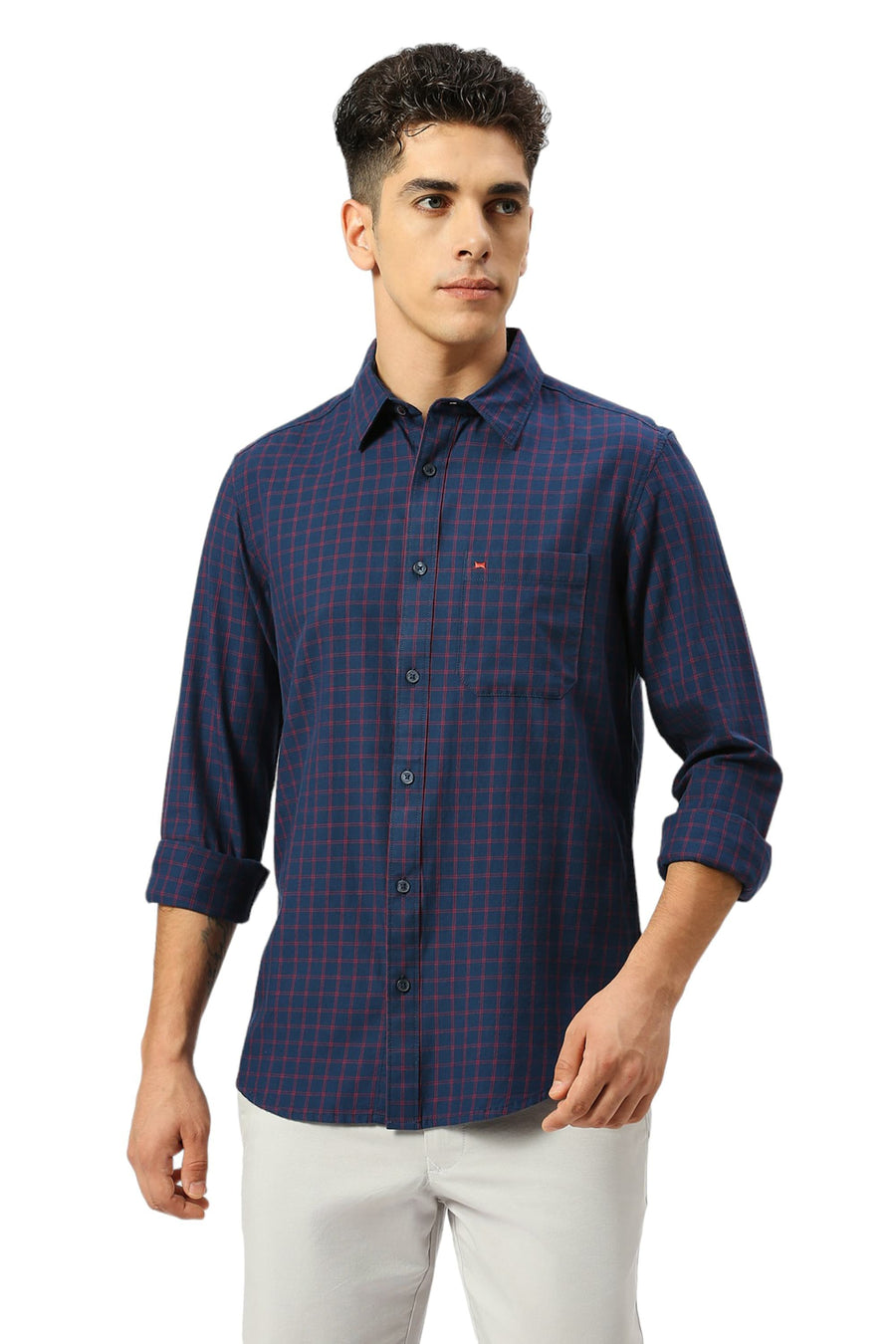 BASICS SLIM FIT IMPERIAL NAVY COTTON TWILL CHECKS SHIRT