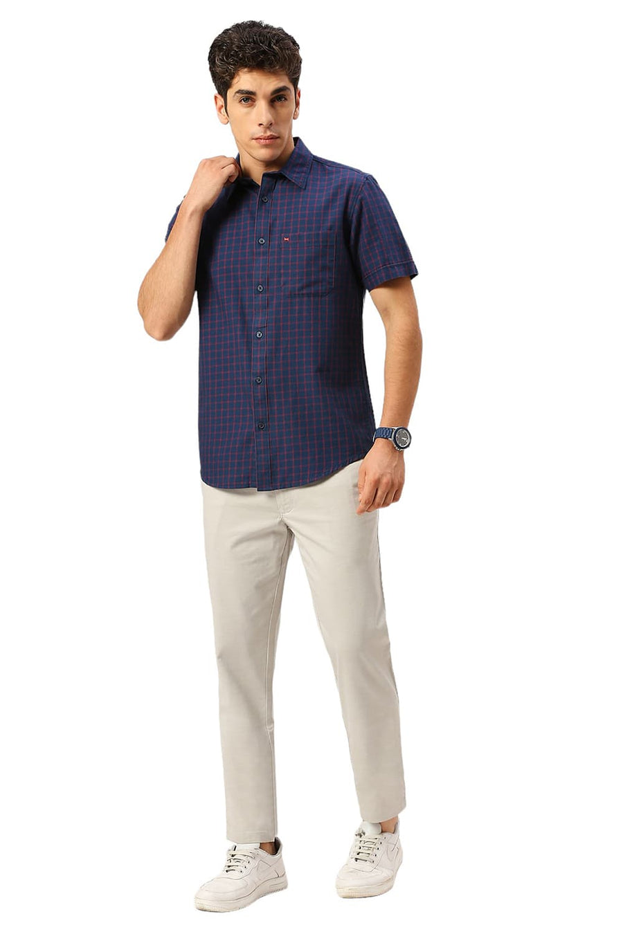 BASICS SLIM FIT IMPERIAL NAVY COTTON TWILL CHECKS HALFSLEEVES SHIRT