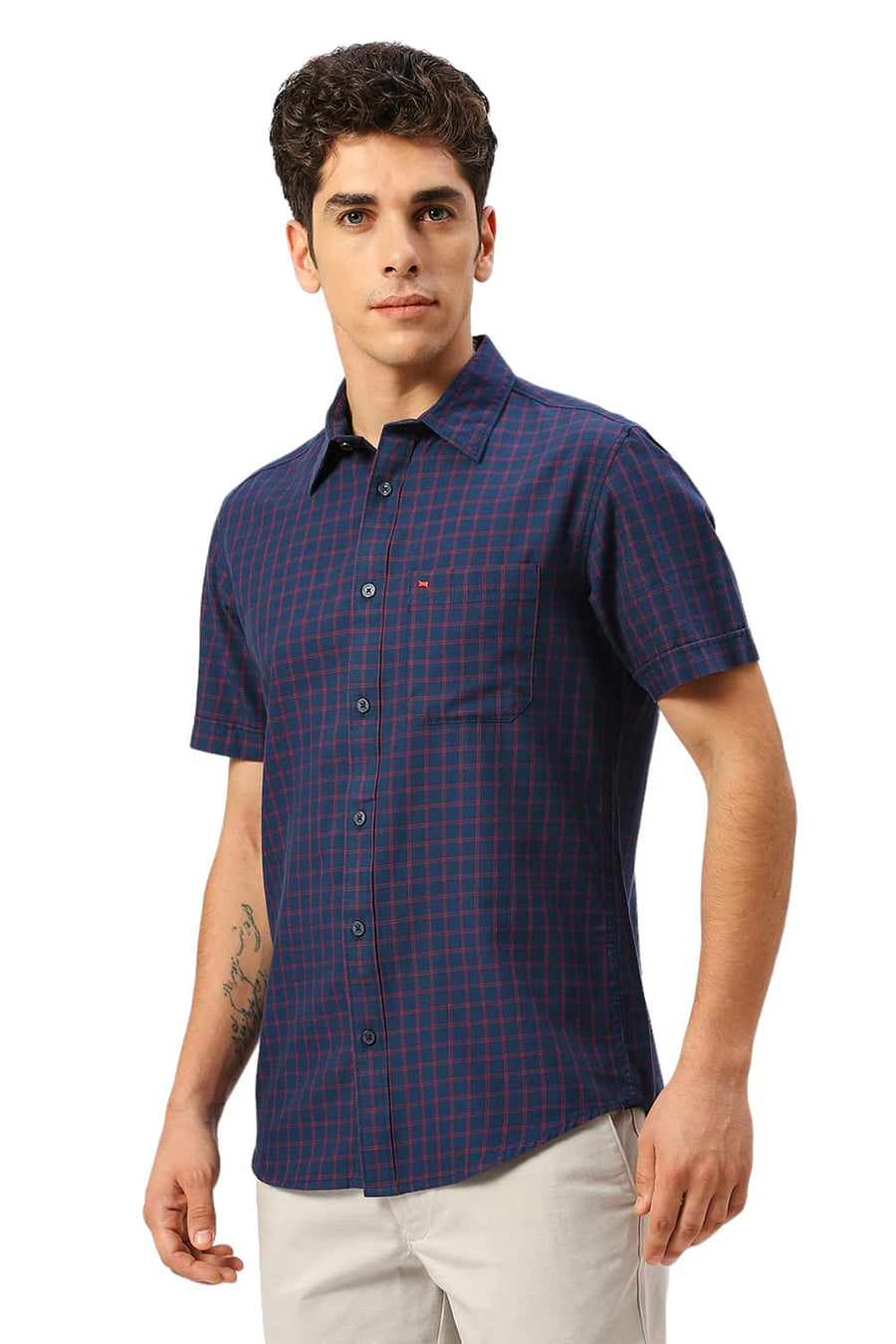 BASICS SLIM FIT IMPERIAL NAVY COTTON TWILL CHECKS HALFSLEEVES SHIRT