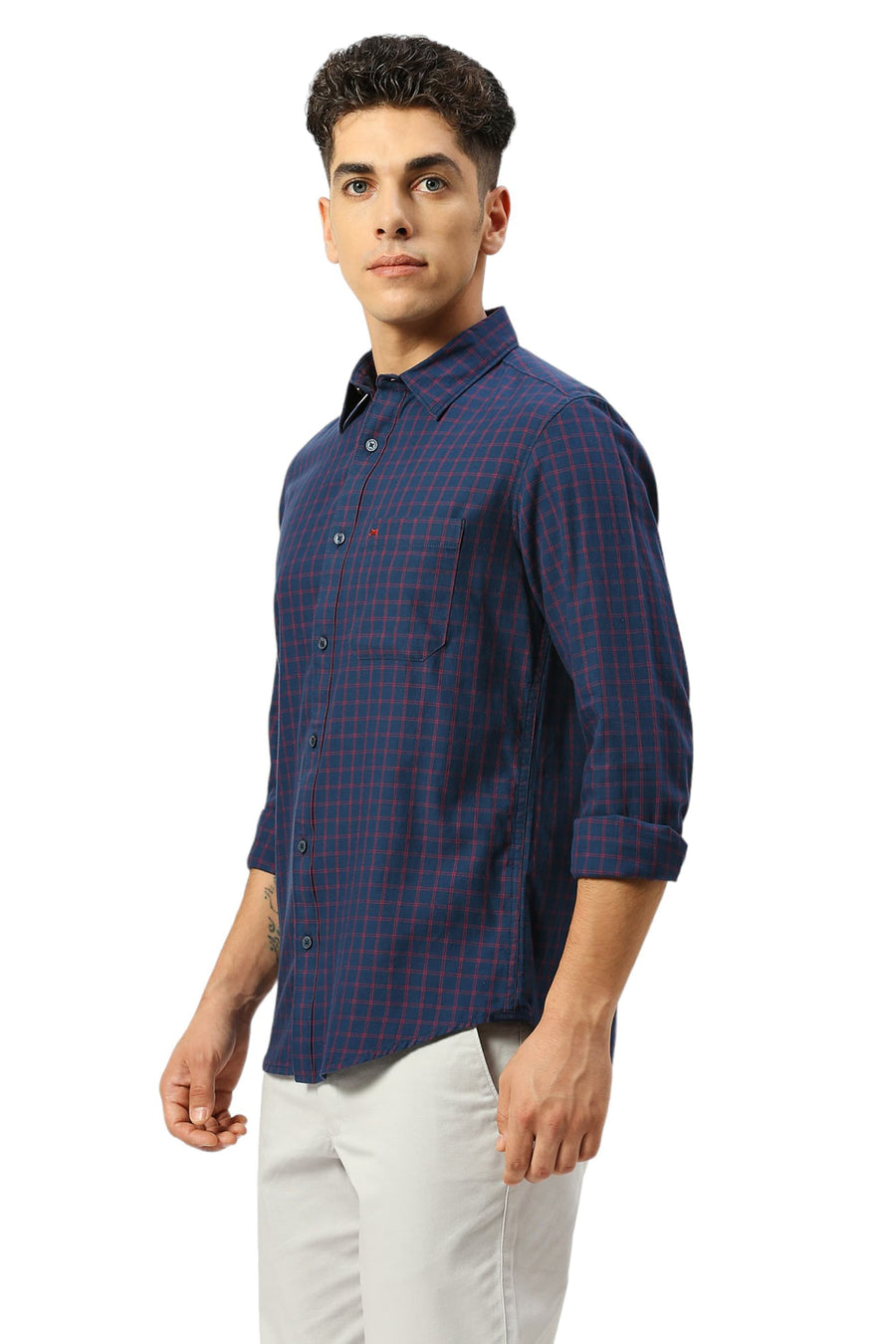 BASICS SLIM FIT IMPERIAL NAVY COTTON TWILL CHECKS SHIRT