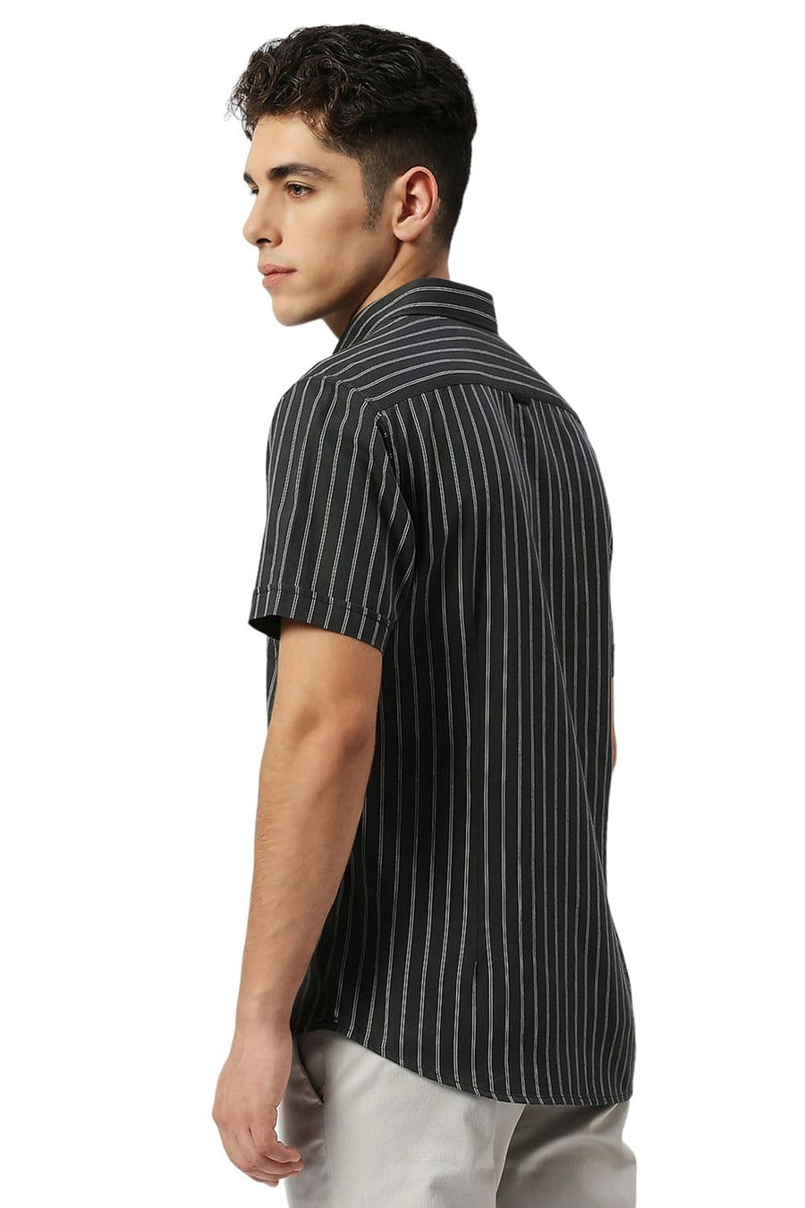 BASICS SLIM FIT ANTHRACITE GREY COTTON TWILL STRIPE HALFSLEEVES SHIRT