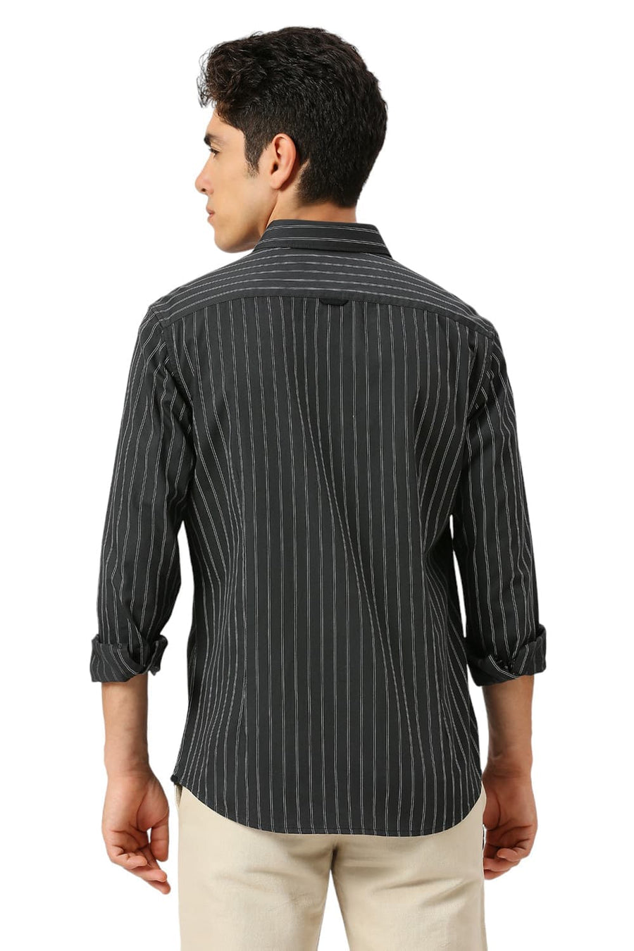 BASICS SLIM FIT ANTHRACITE GREY COTTON TWILL STRIPE SHIRT